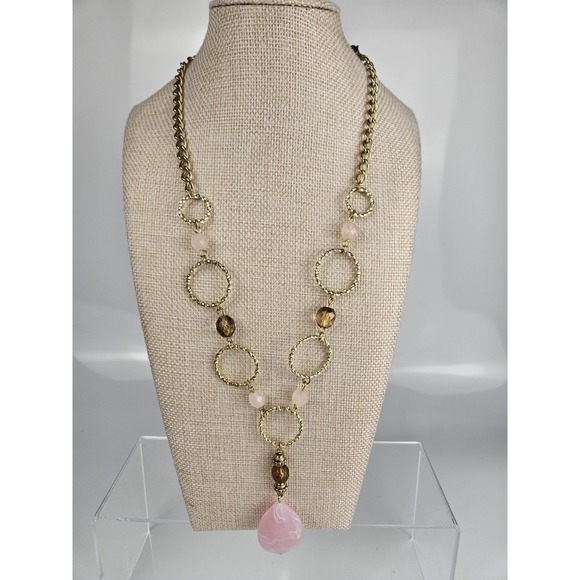 Avon Jewelry - Avon Vintage Pink Art Deco Style Statement Necklace Gold Tone Signed